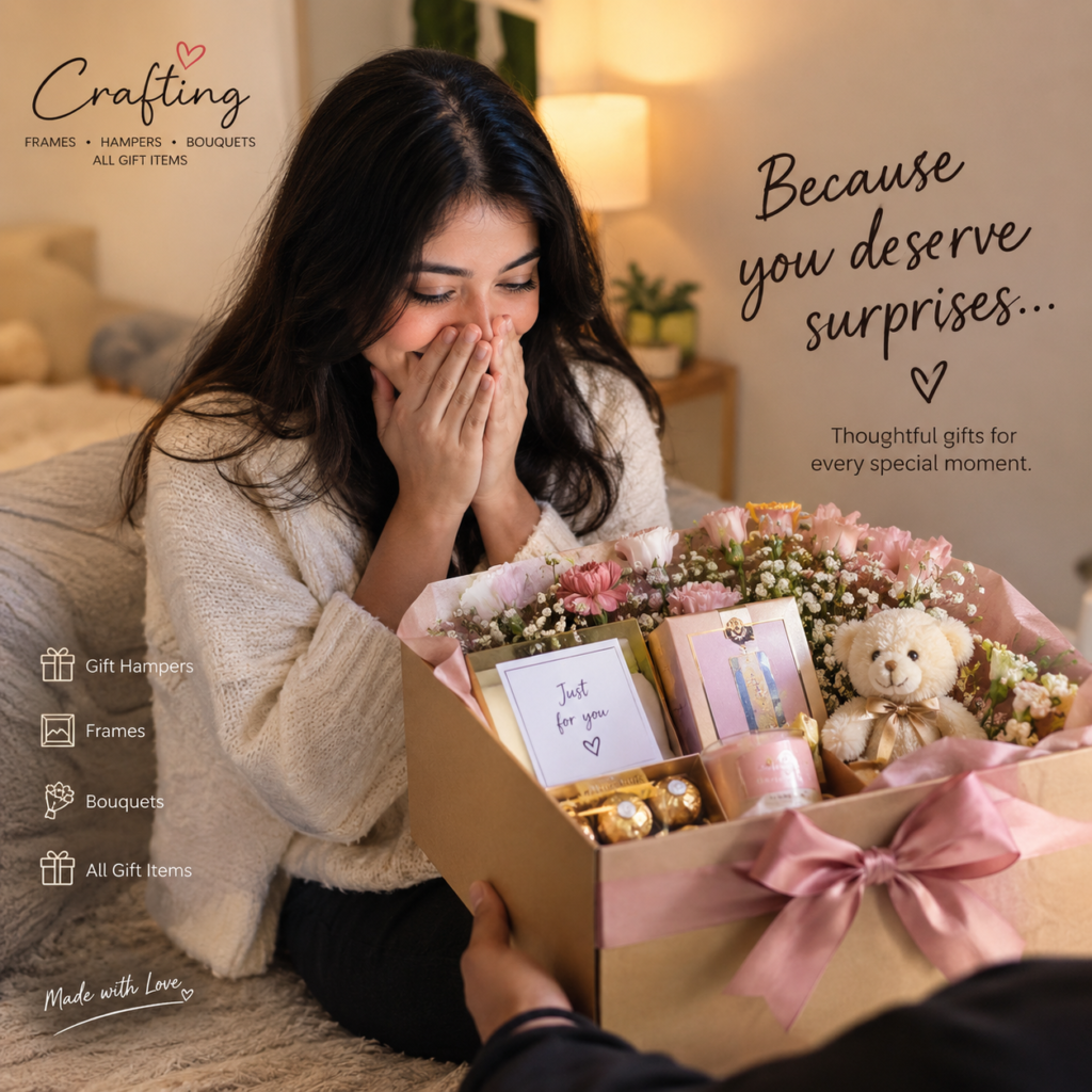 Woman happily surprised by a beautiful gift hamper from Crafting